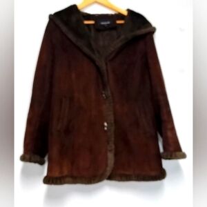 Vintage Jones New York women's jacket hooded faux suede brown Size: L